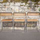 Set of 3 folding chairs in rattan and chromed metal, vintage chair, design, 60's