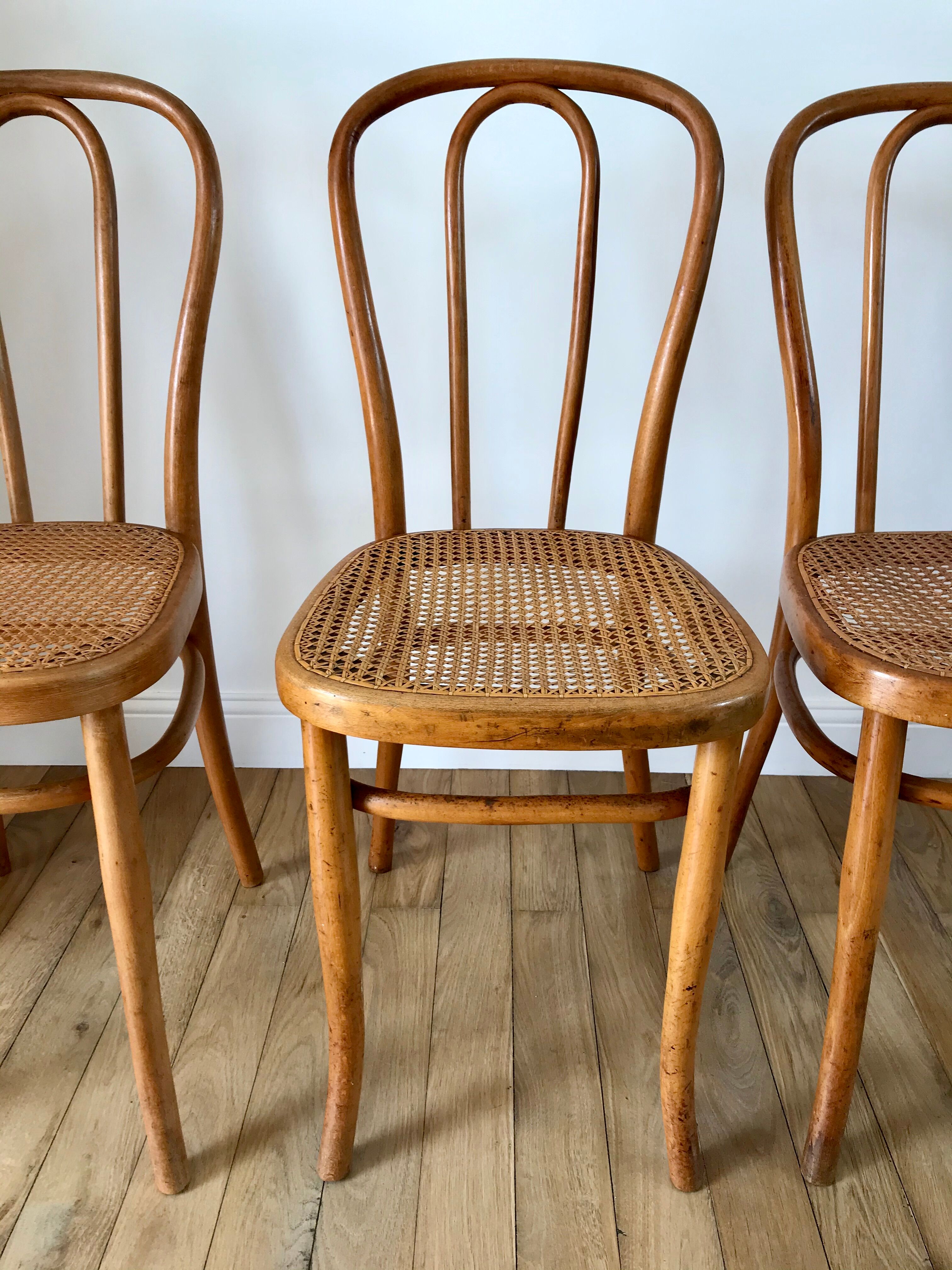 Set of 4 cane chairs in bentwood and honey-coloured cane thonet early 20th century