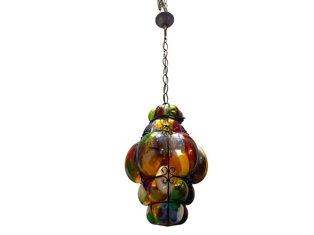 Murano glass multicolored wrought iron light pendant latern, 1950s