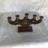 Artisanal candlestick in hand-painted solid wood, Scandinavian origin, folk art