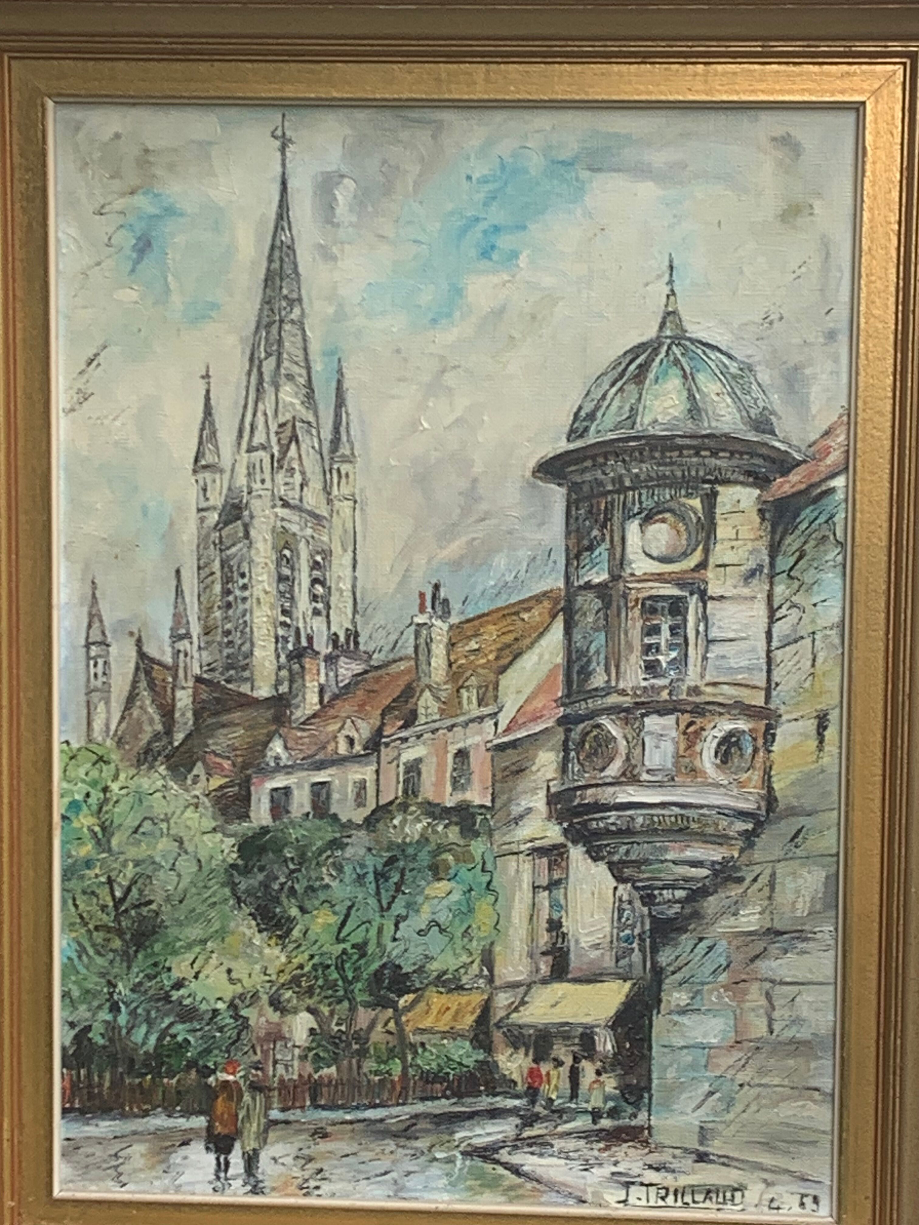 Painting signed J.Trillaut city scene framed vintage canvas 1969