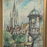 Painting signed J.Trillaut city scene framed vintage canvas 1969