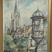 Painting signed J.Trillaut city scene framed vintage canvas 1969