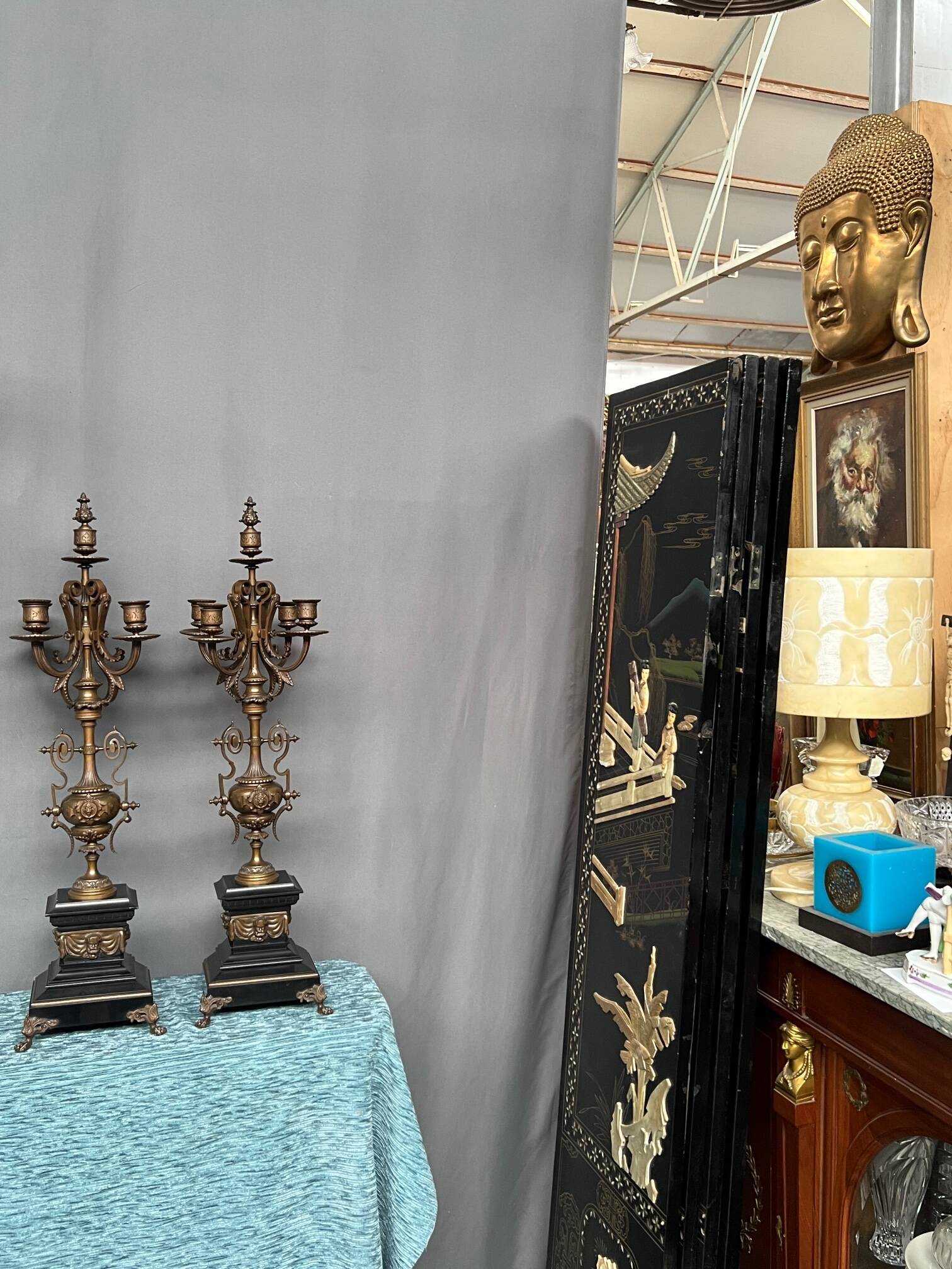 Pair of large Renaissance-style candlesticks. Marble. Solid bronze.