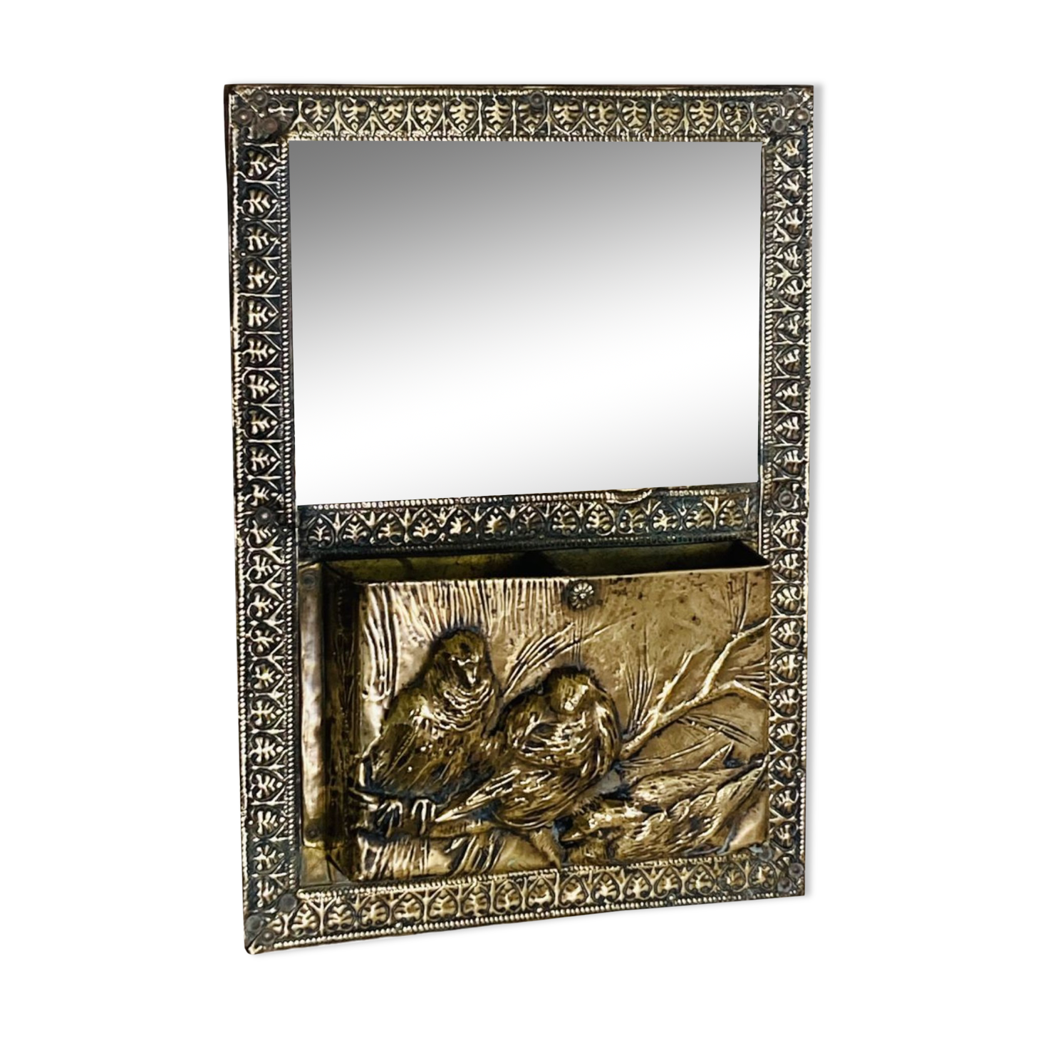 Art Nouveau mail rack in brass repelled beveled mirror early twentieth century
