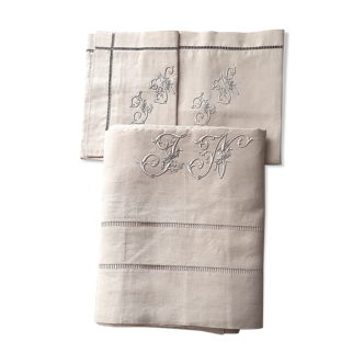 Parure : drap en toile de lin et ses 2 taies monogrammées jn, à jours de venise, 19 ème