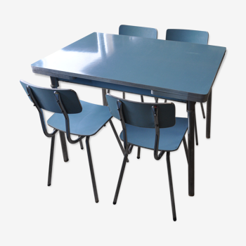 Table de cuisine et 4 chaises en formica bleu