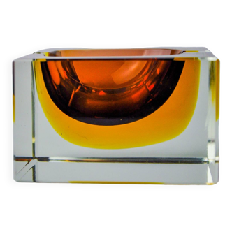 Cendrier Sommerso cubique jaune et marron par Seguso, Murano, Italie, 1970