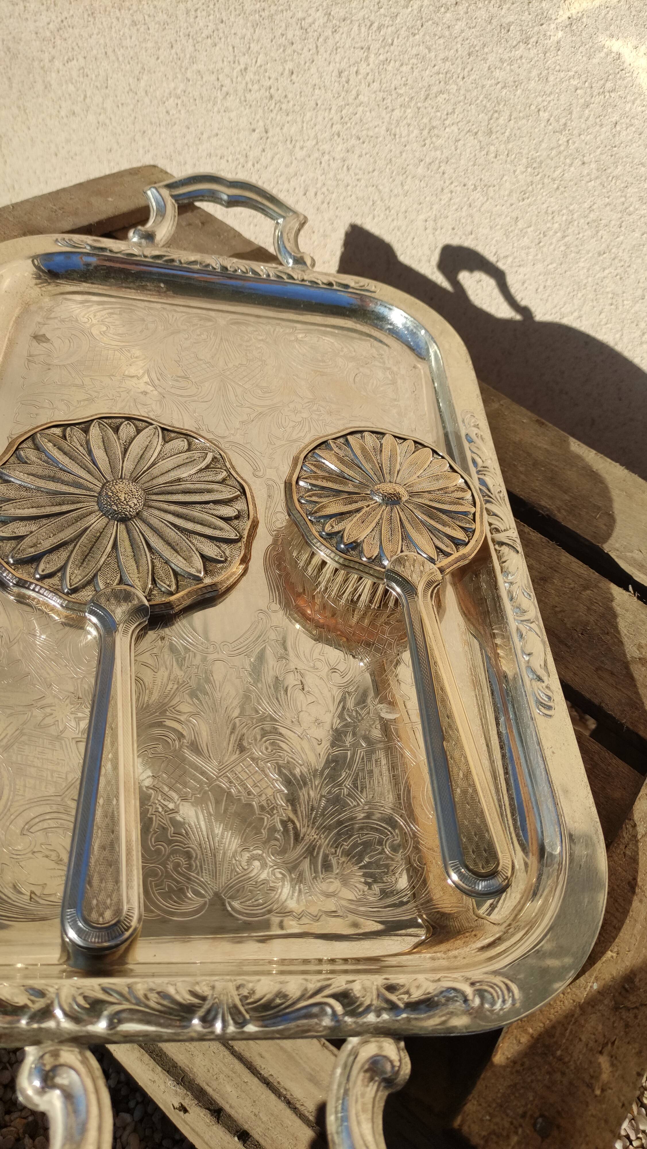 Vintage hand mirror set and silver metal brush