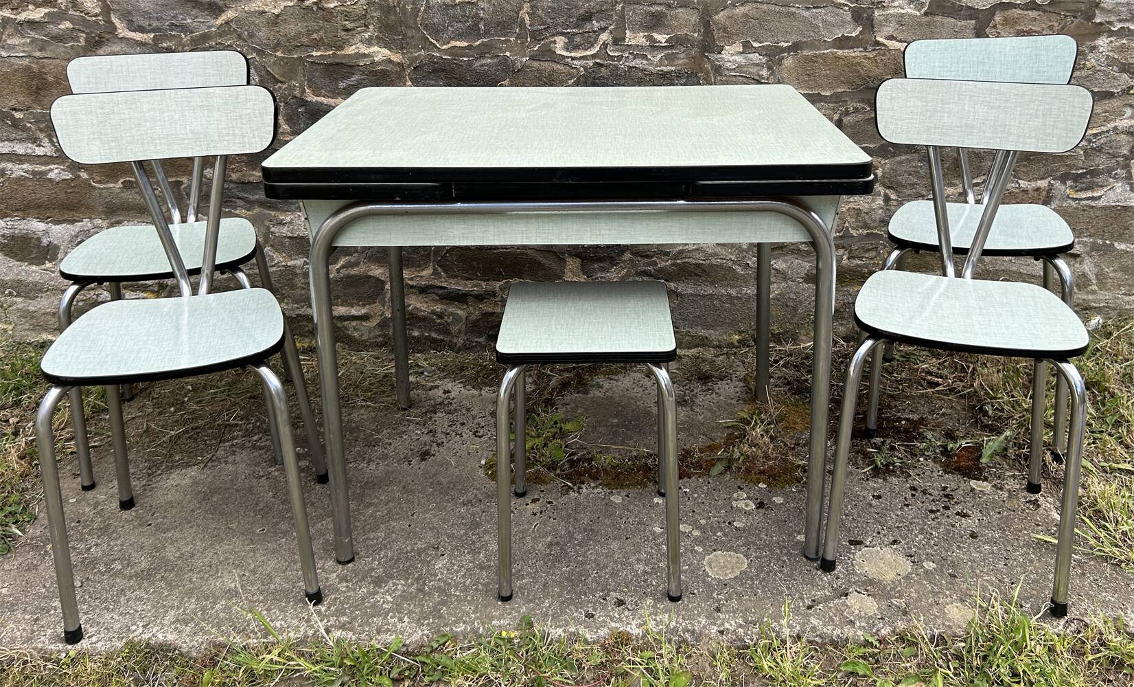 JPP pale green formica table, 4 chairs, 1 stool, 1950s