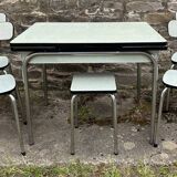 JPP pale green formica table, 4 chairs, 1 stool, 1950s
