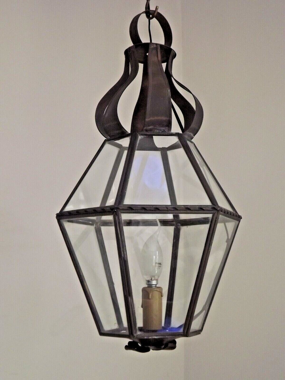 Hexagonal shaped copper and glass hanging lantern