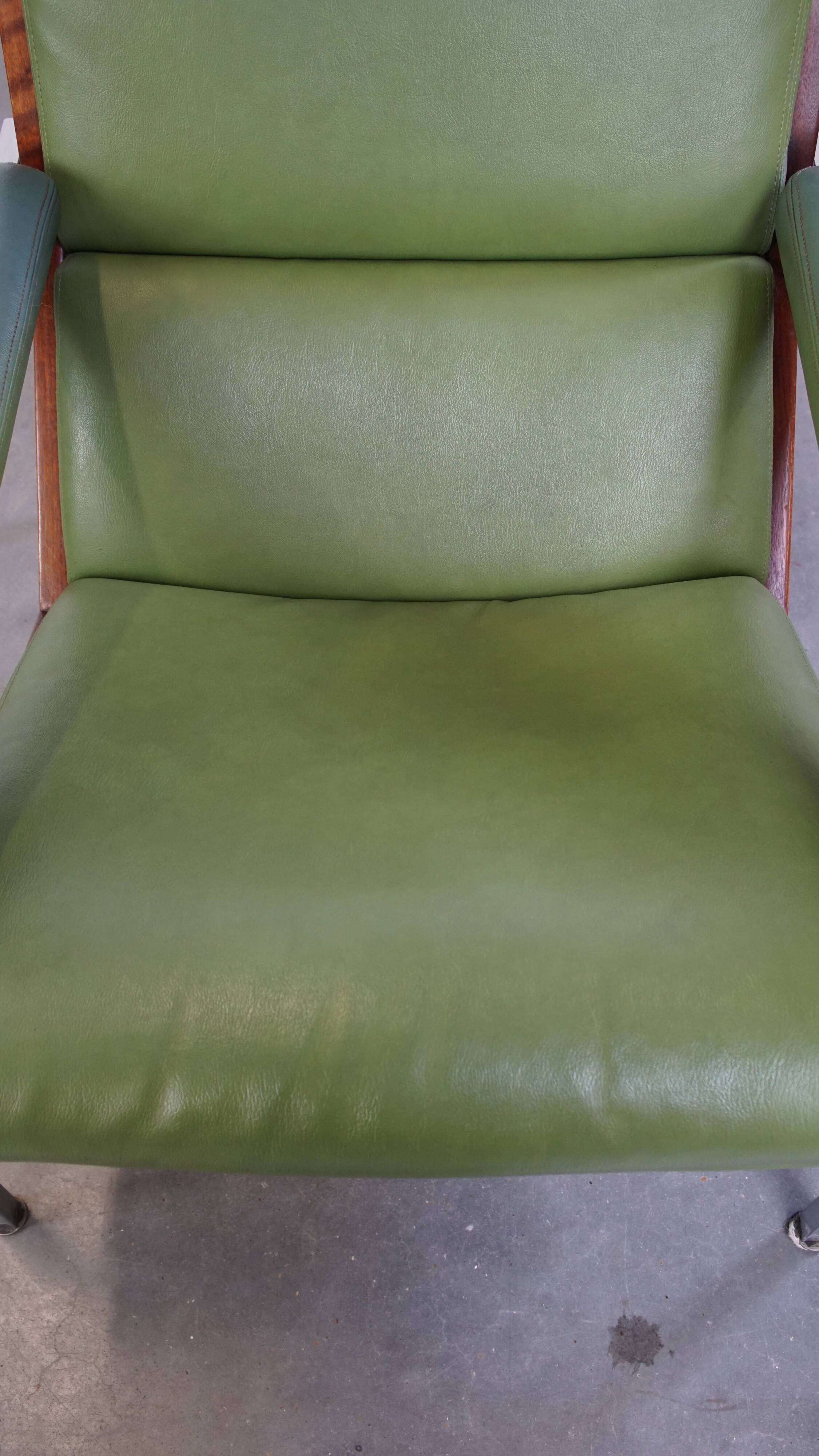 Green Cowhide Leather and Wooden Vintage Armchair