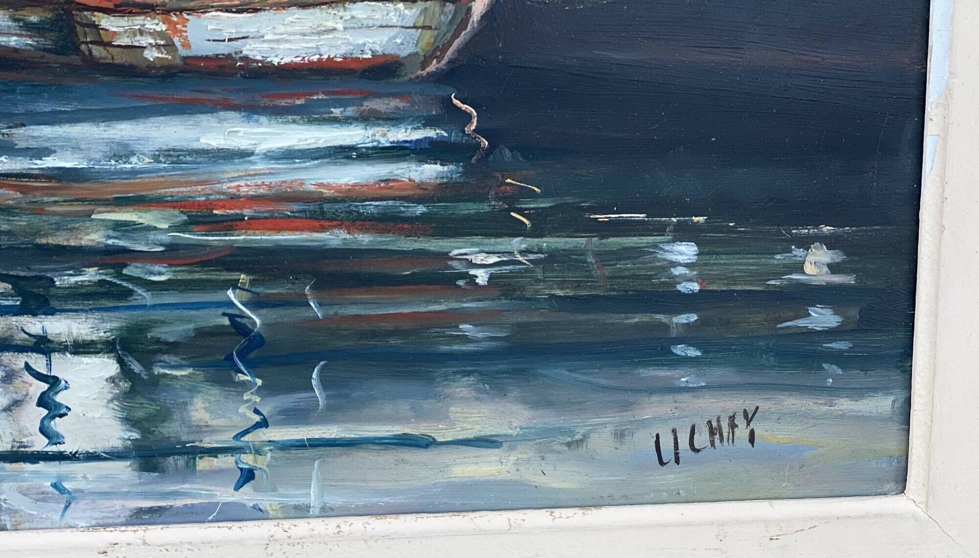 Tableau by René HUCHET, boats in the port of Le Croisic (Brittany) vintage 1950.
