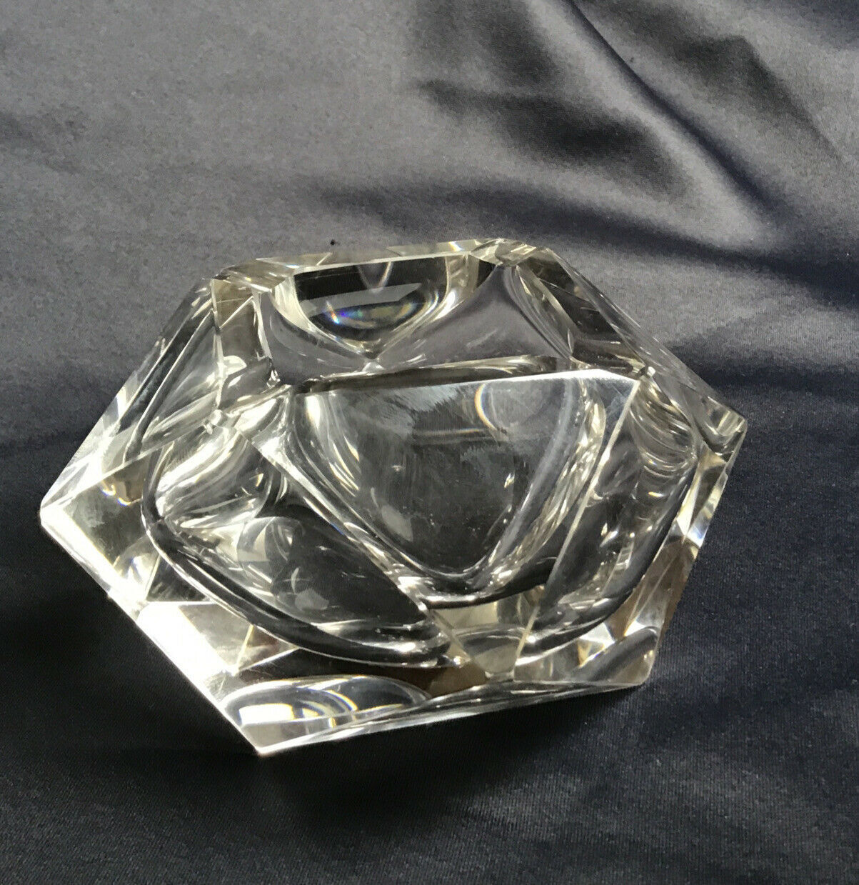 Empty diamond ashtray pocket flavio polished glass Murano crystal facets prism 60s