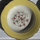Set of 9 large vintage yellow deep plates with pink flowers and a gold rim.