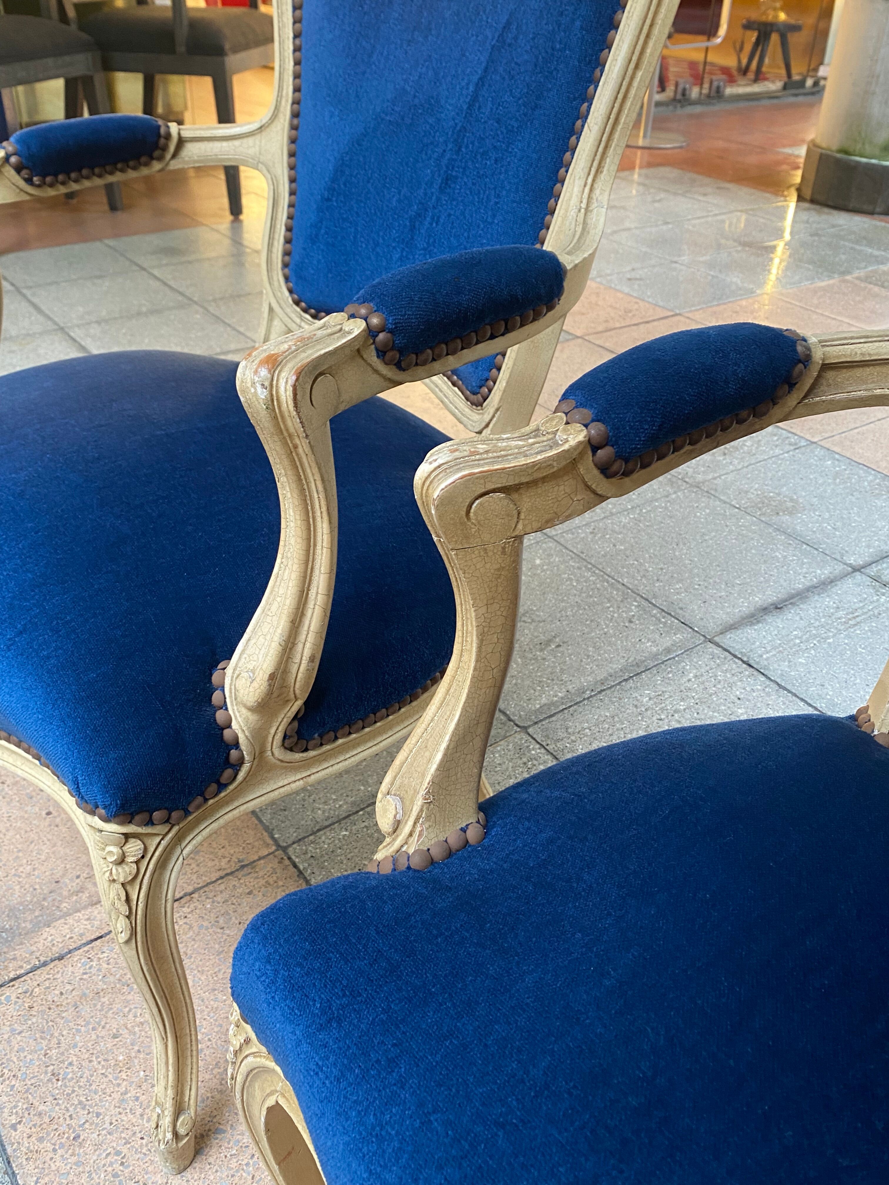 pair of Louis XV style armchairs in blue velvet