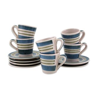 6 tasses à café et soucoupes en céramique émaillée
