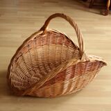 Large handmade solid wicker braided firewood basket, vintage from the 80s