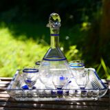 Rare liqueur service (with carafe of whiskey and small glasses) with blue and yellow borders