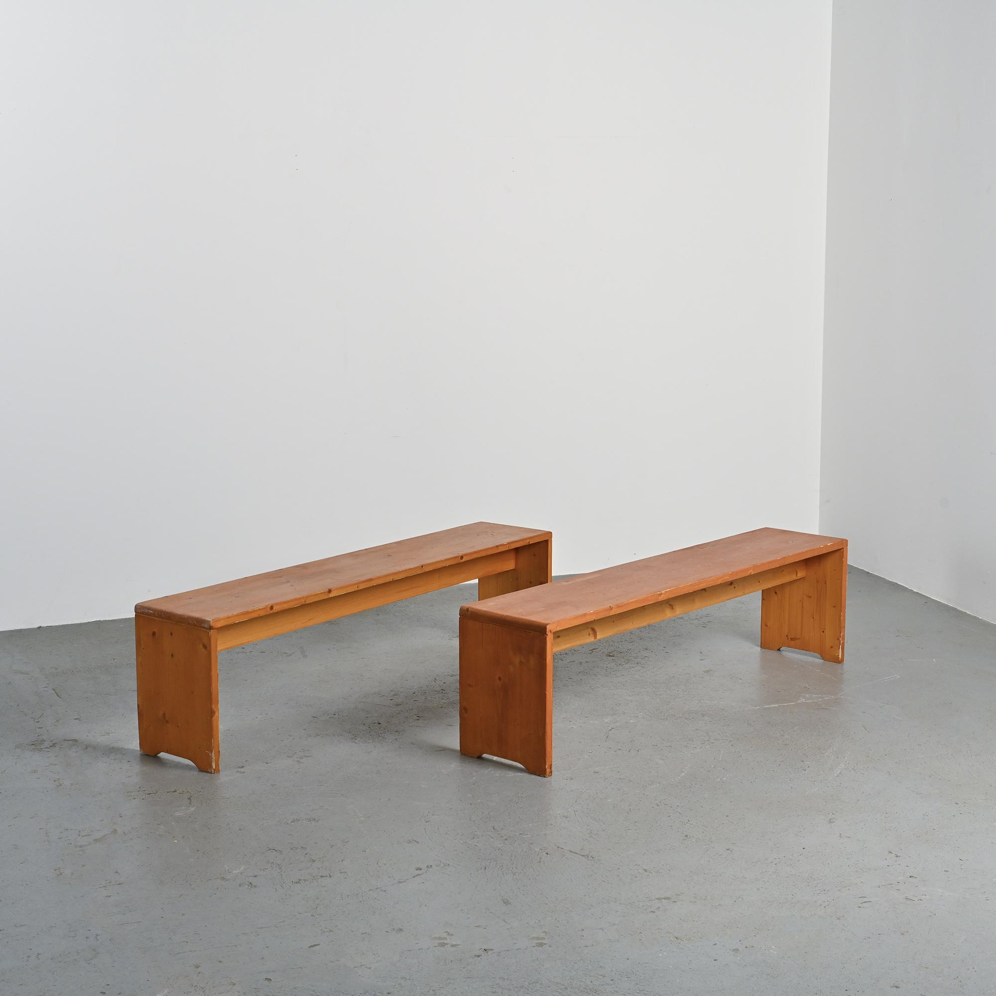 Pair of solid pine benches, France, circa 1975
