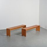 Pair of solid pine benches, France, circa 1975