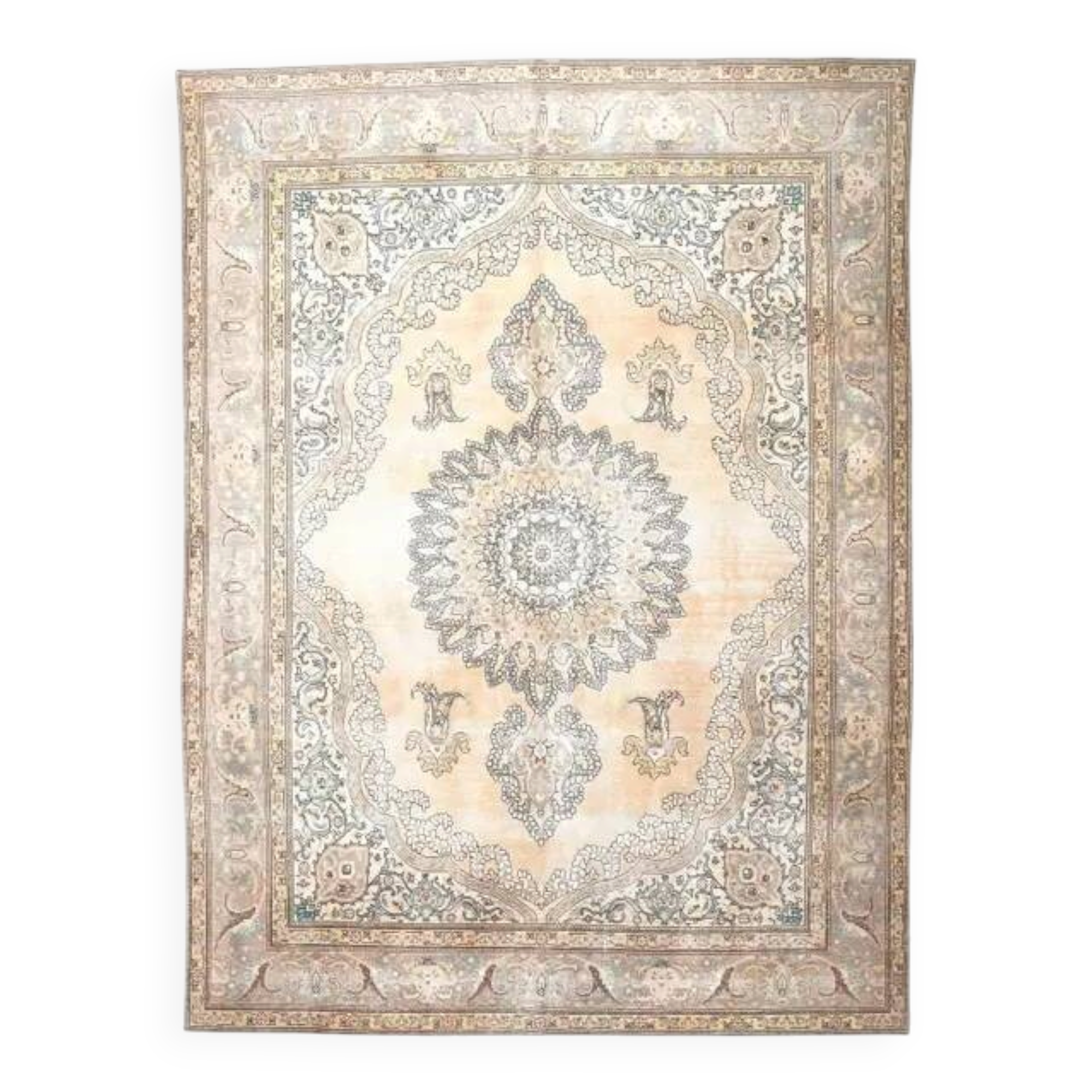 1960s Vintage Persian Handmade Wool Cotton Beige Area Rug 290x385