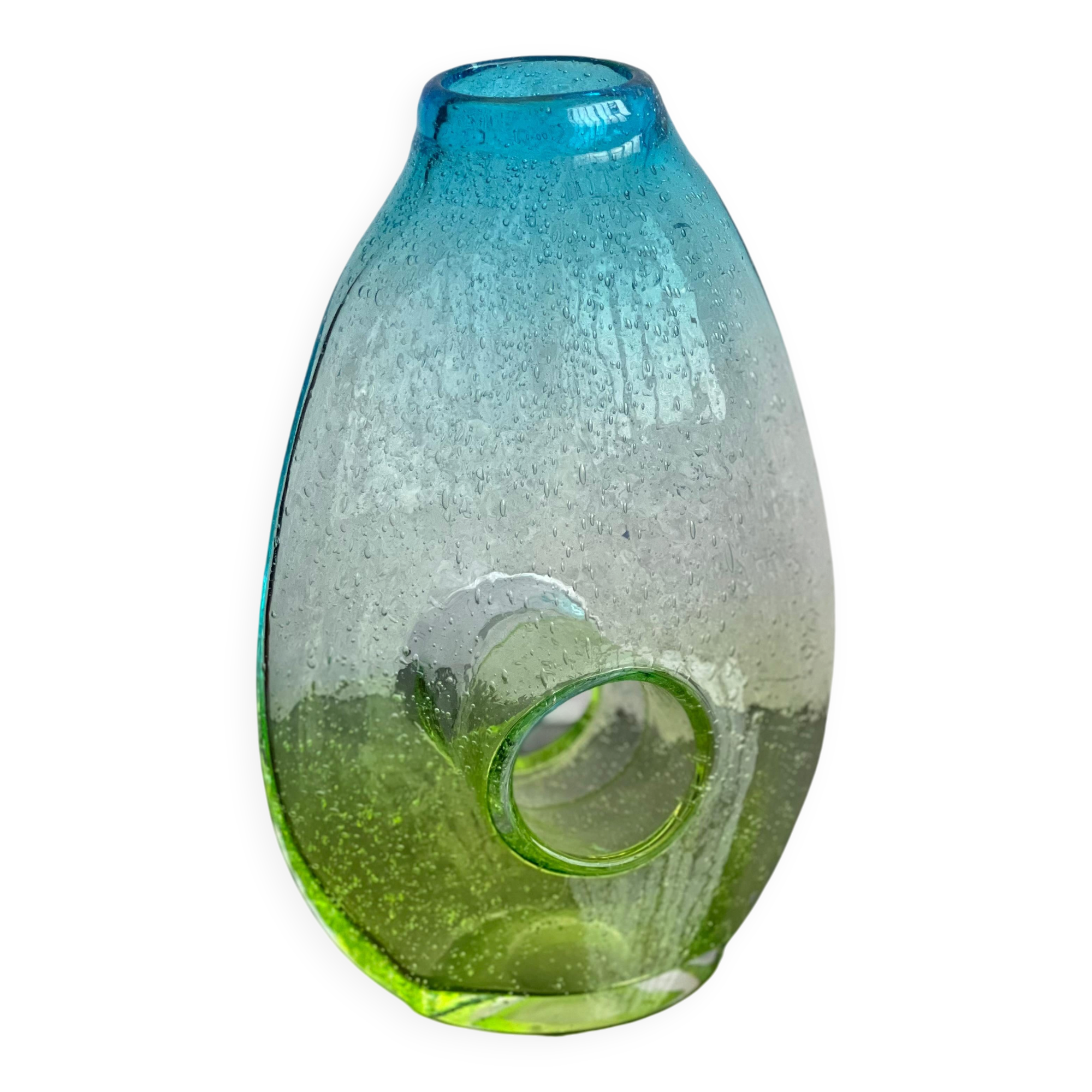 Sculptural green yellow Bullicante vase, decorative accent, bookcase accessory
