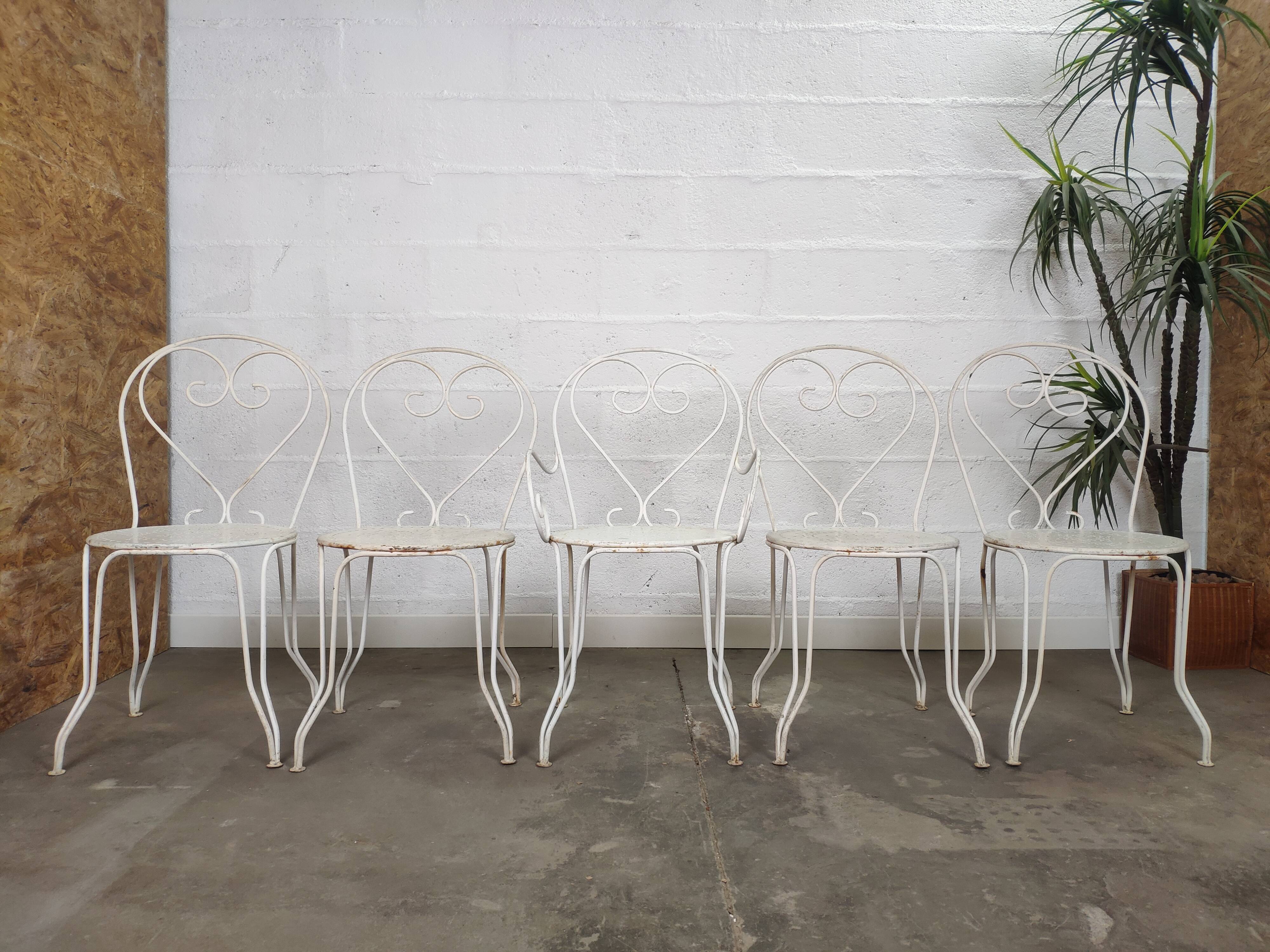 Table de jardin et chaises fer forgé blanc ancien