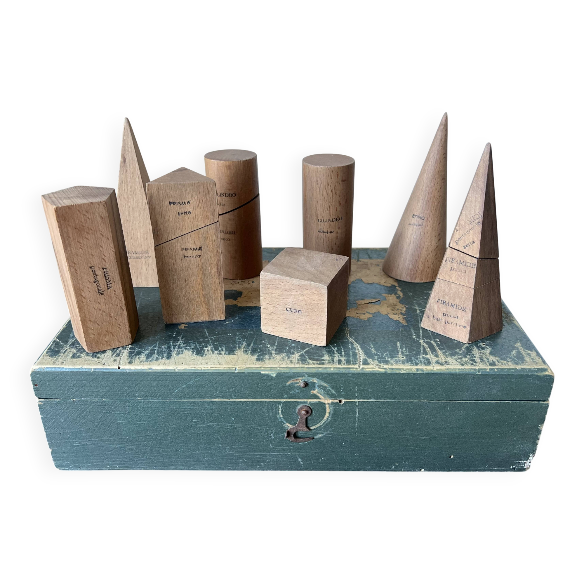 Vintage antique wooden geometric educational shapes. Italy, early 20th C