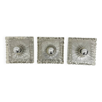 Hustadt Leuchten ice glass wall lamp sconce set of 3, 1970s Germany