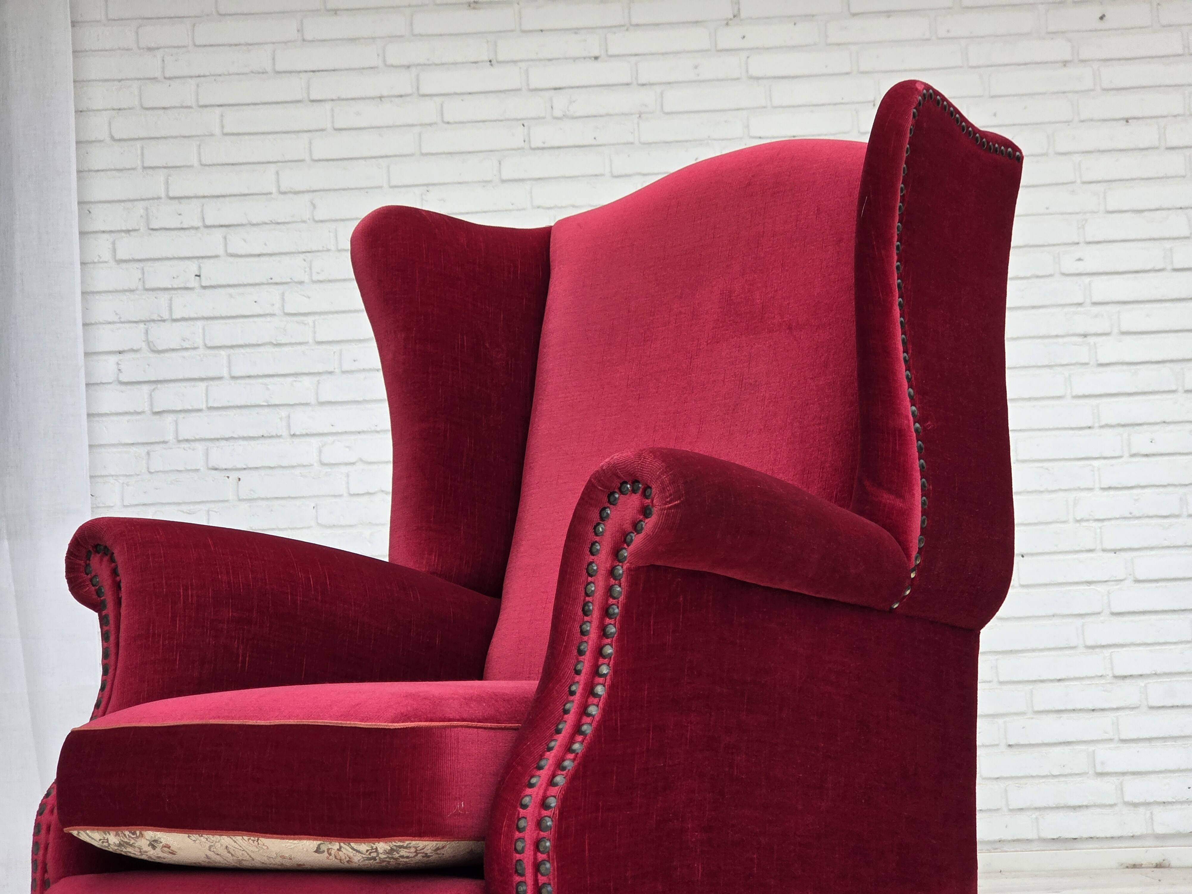 1970s, Danish highback armchair, red furniture velour, ash wood.