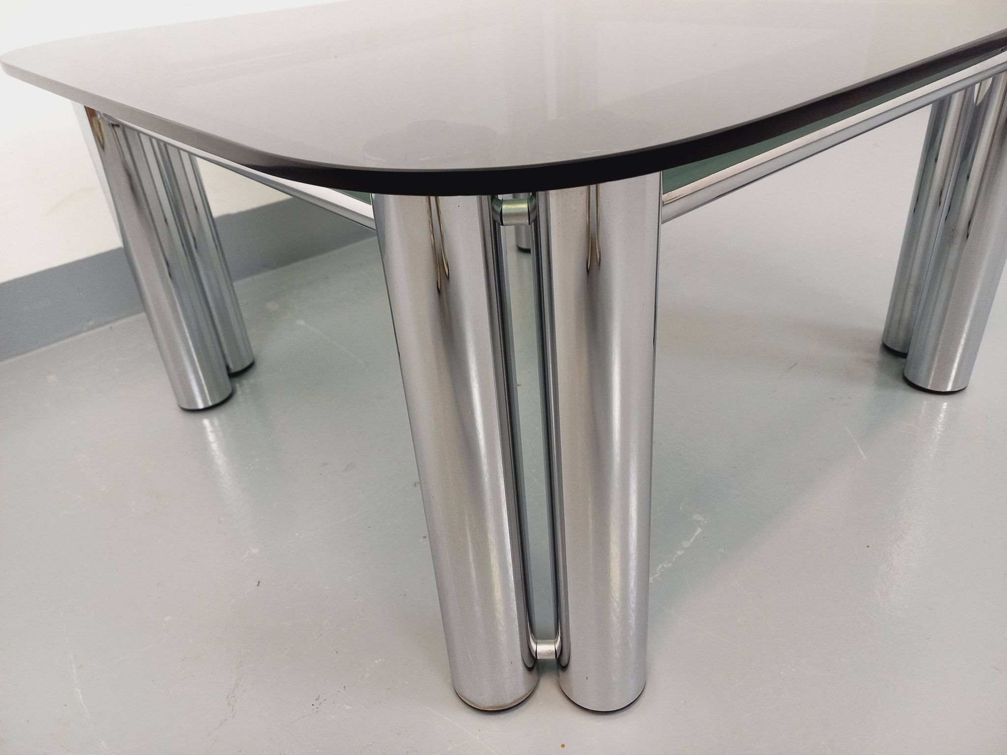 Vintage Italian Space Age square coffee table in smoked glass and chrome metal
