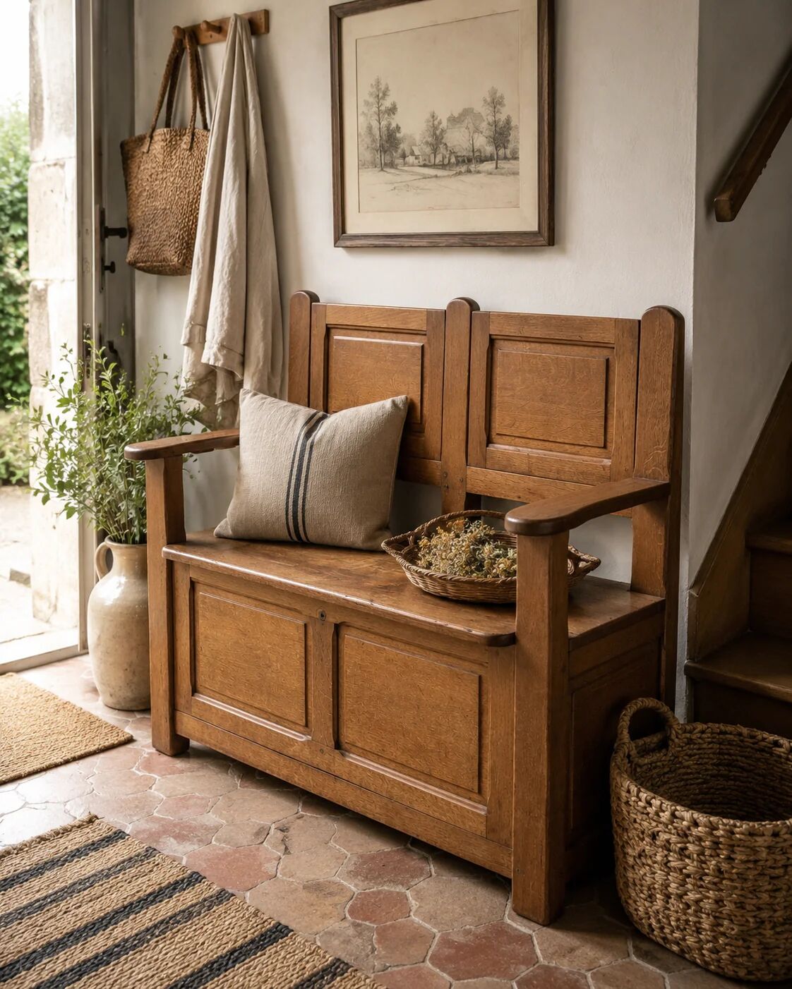 Singing bench / bench with storage chest in solid oak