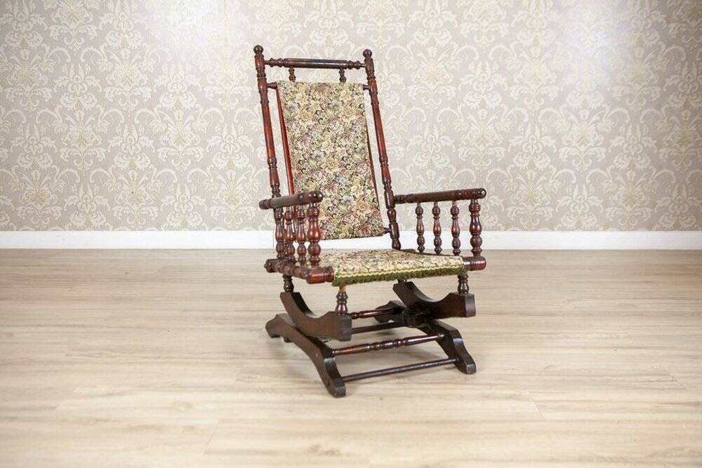Antique Spring Rocking Chair in Floral Fabric, 1890s