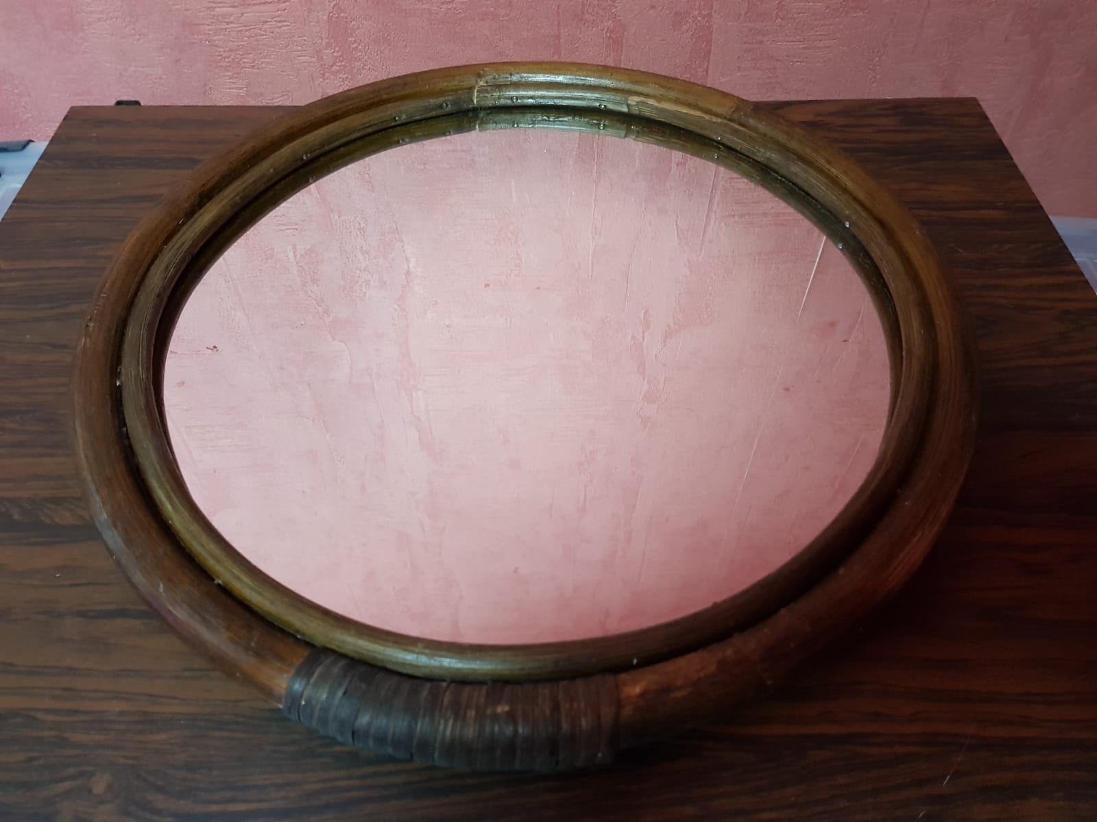 Old Round Mirror In Vintage 70s Rotin 41cm