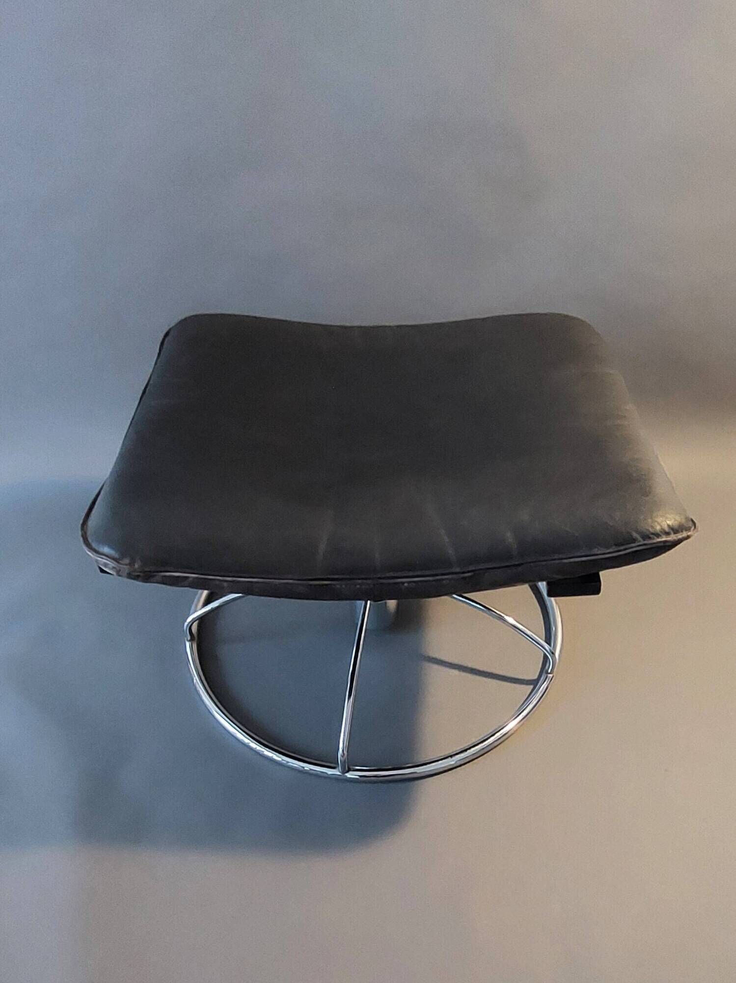 Vintage black leather ottoman by Ake Fribytter for Nelo Möbel, Sweden 1970s.