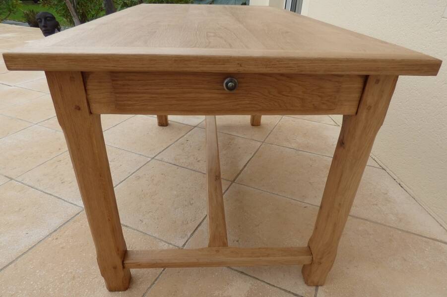 Solid oak farmhouse table with 2 large drawers and brass knobs - Fully restored