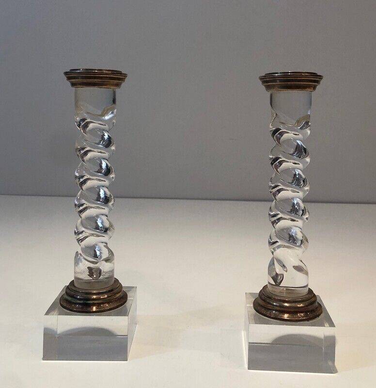 Pair of twisted plexiglass and silver-plated candlesticks