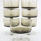 7 champagne glasses in smoked brown glass - Cavalier Sweden Luminarc Arcoroc France - vintage 70s