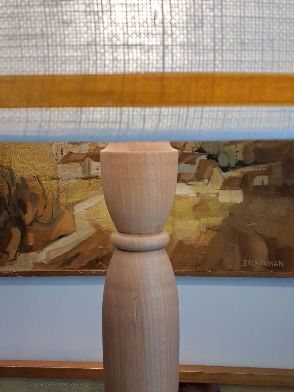 Light wood floor lamp with Art Deco wooden shelf