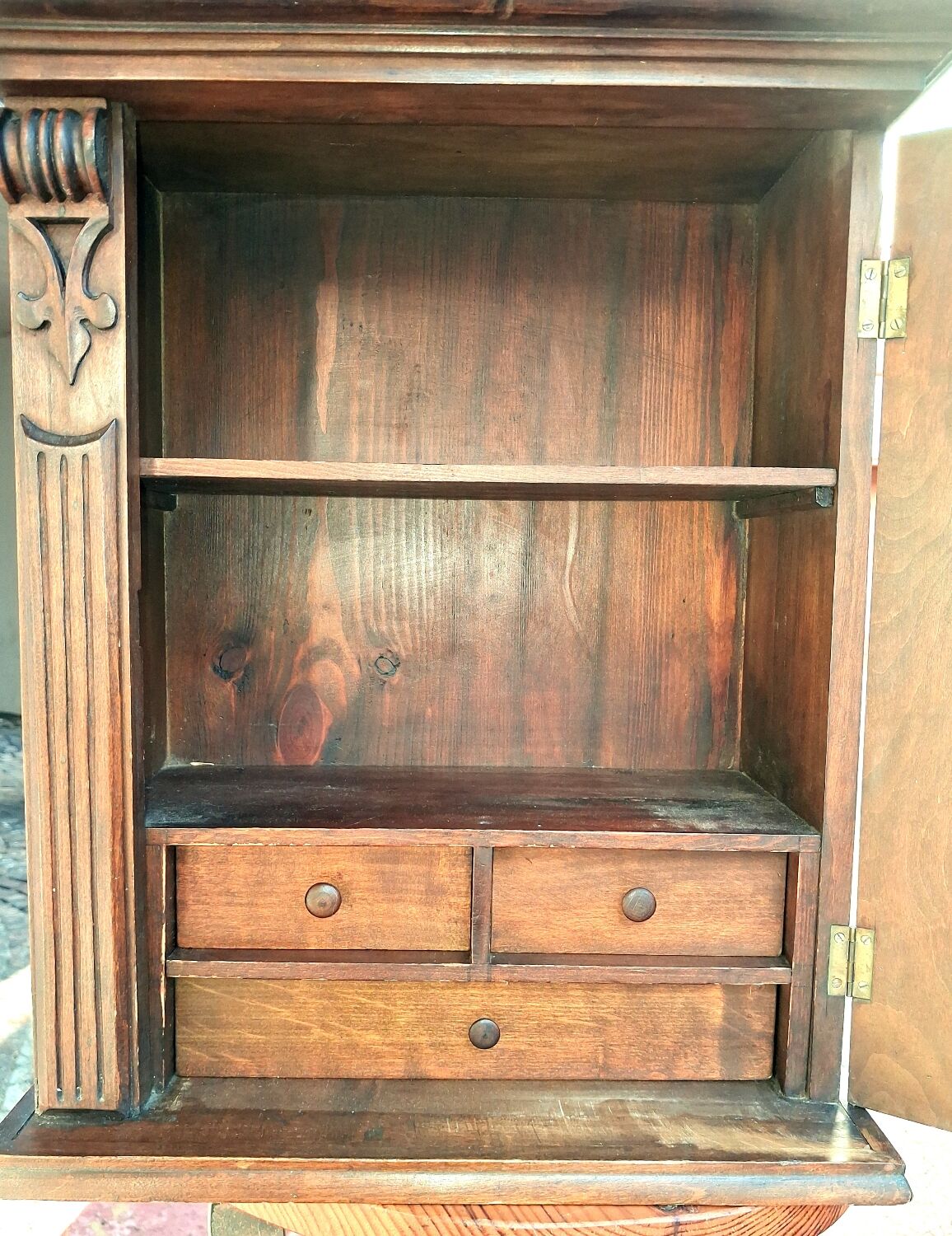 Wall-mounted or freestanding accent furniture, carved solid wood, chalet decor...
