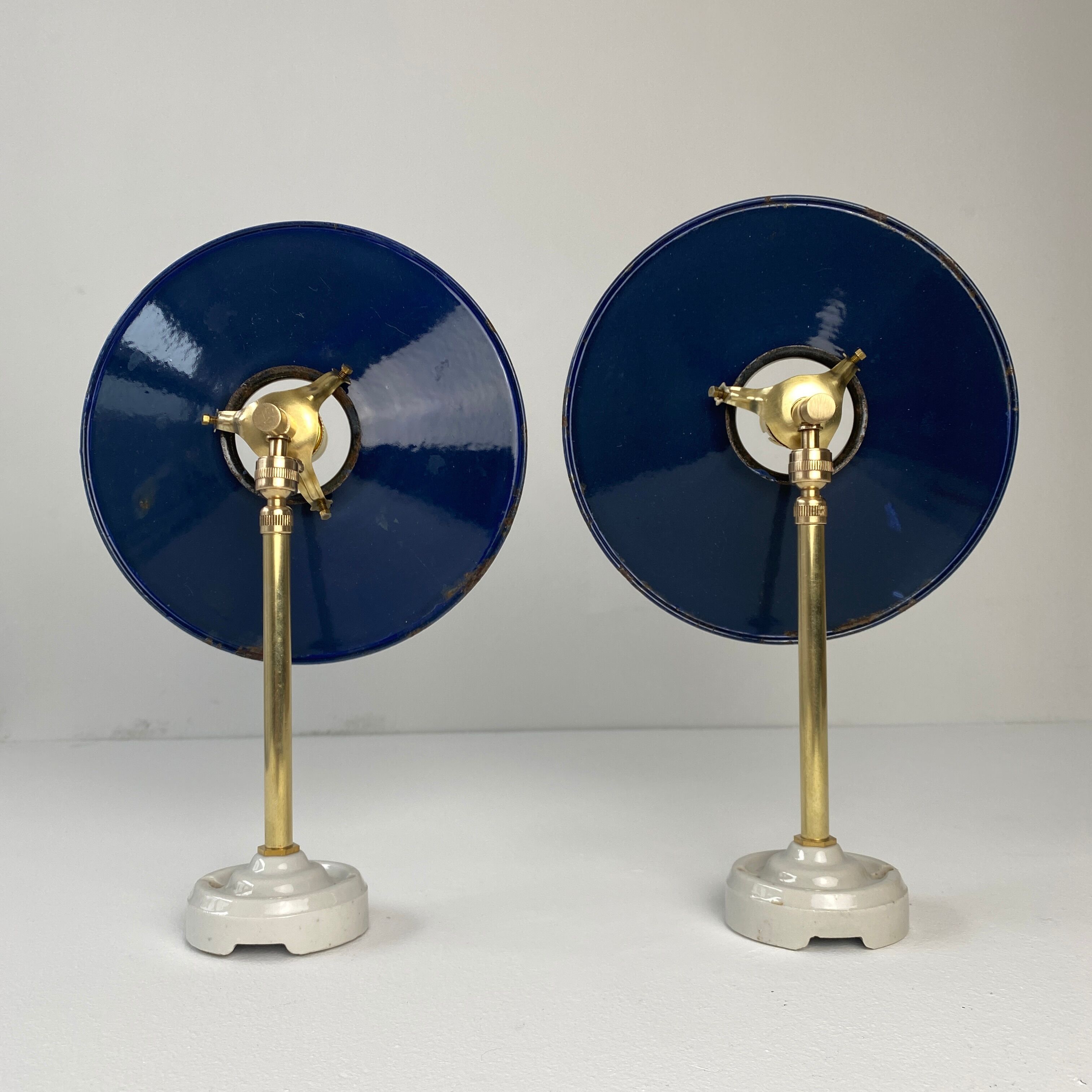 Pair of old vintage blue enamelled wall lamps