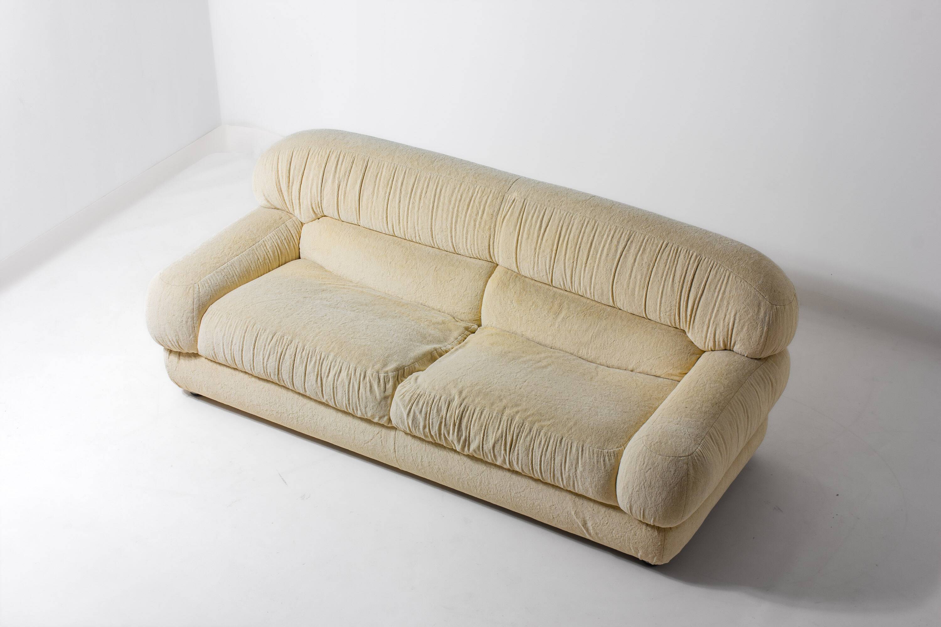 Luxurious plush 3-seater sofa in vanilla fabric, Italy 1970s