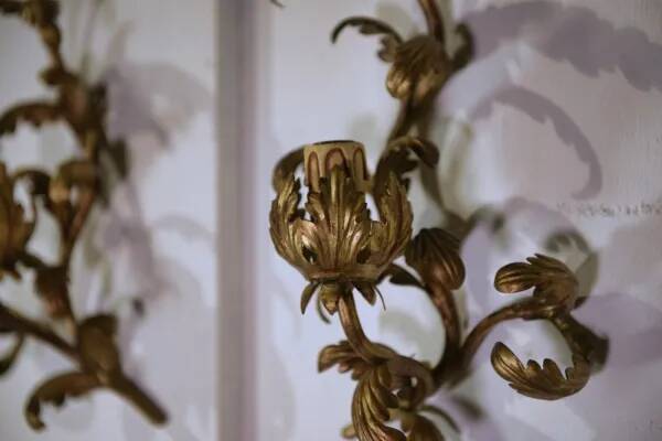 Pair of floral wall sconces in gilt steel, 1960s