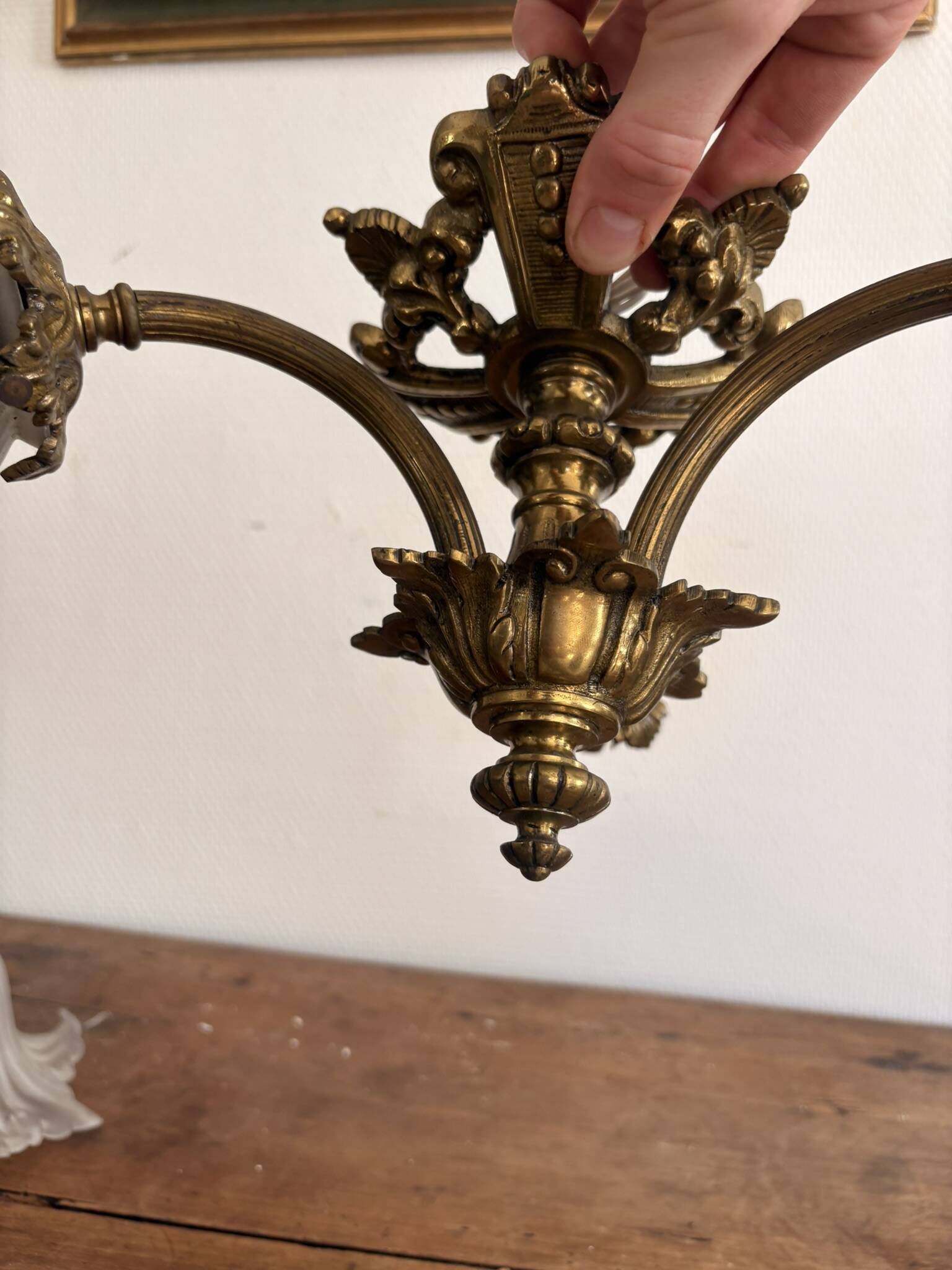Antique Bronze Ceiling Chandelier with Fringed Glass Tulips, 3 Arms, Art Nouveau