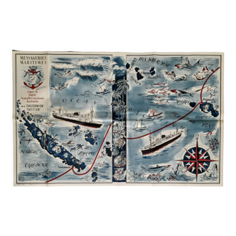Affiche carte de Nouvelle Calédonie par Hervé Baille 1950's