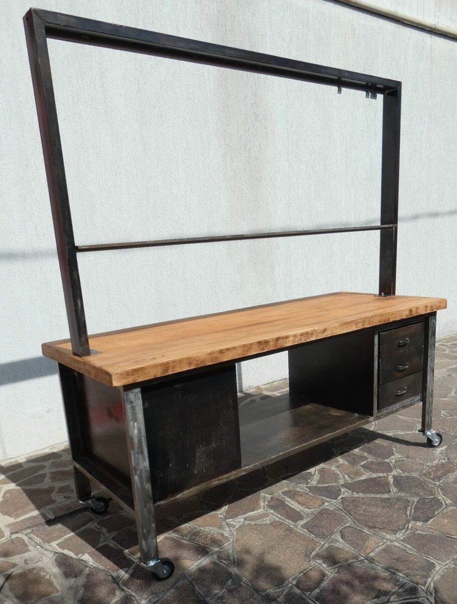 Industrial Island Counter in Steel and Walnut, 1970s