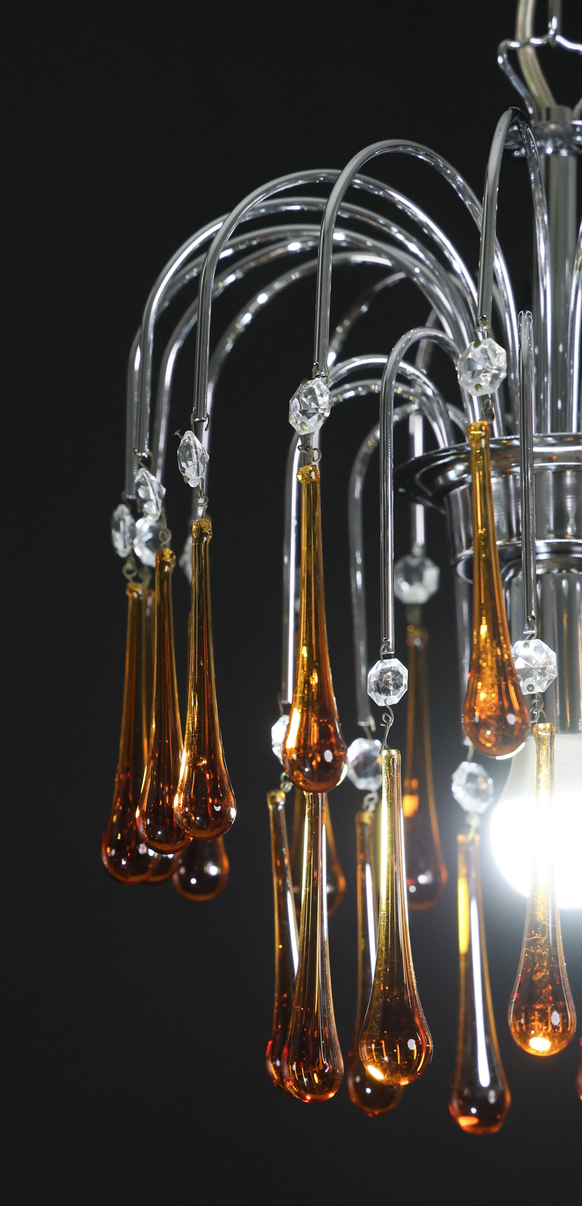 The Amber Crown, Murano Chandelier Amber and Crystal Drops, 1970s
