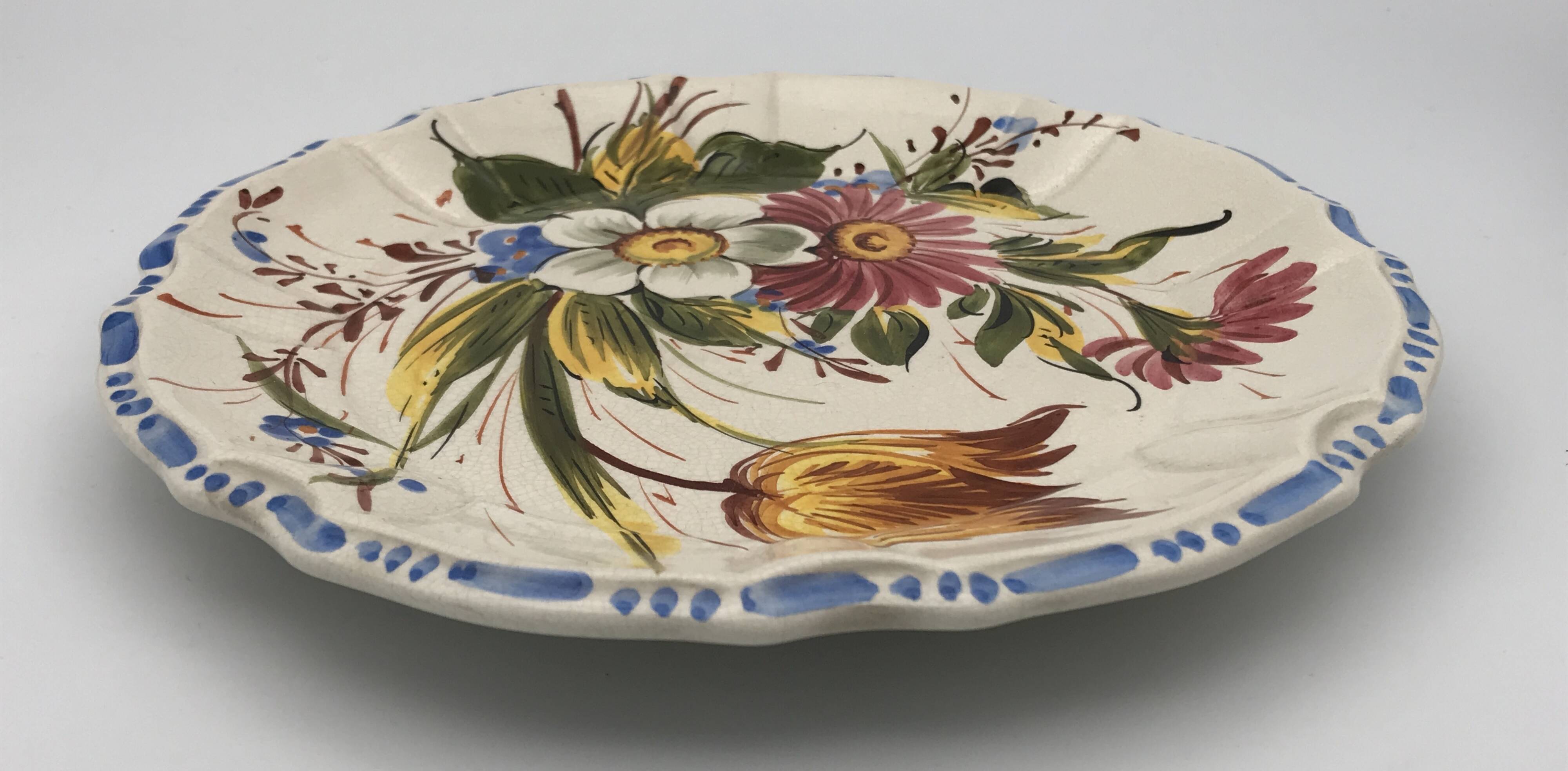 Earthenware wall plate signed bassano, italy, polychrome floral painting decoration